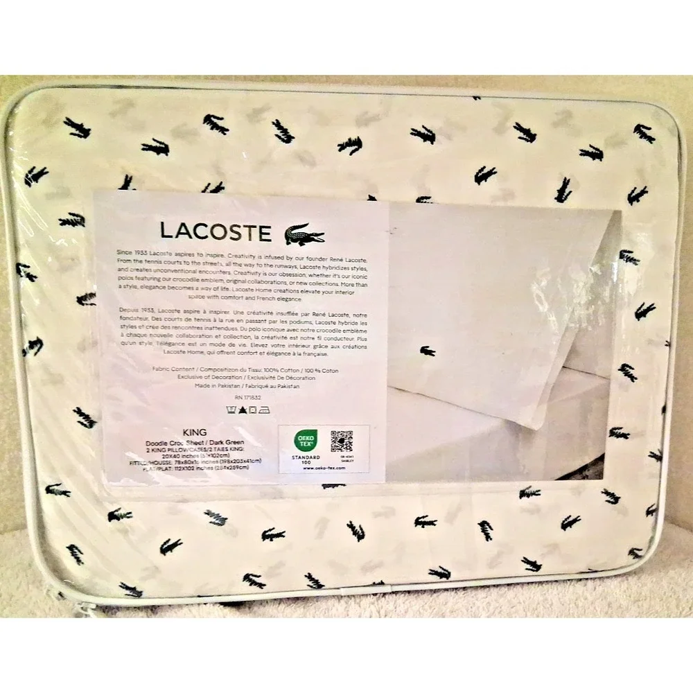 Lacoste King Sheet Set 100% Percale Cotton Doodle Green Croc Motif 4 Piece White